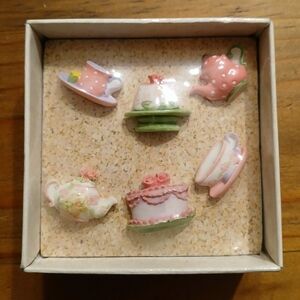 Vintage Y2K 2002 set of 6 Push Pins #1752 Lady Jayne Ltd teacups Cakes teapots